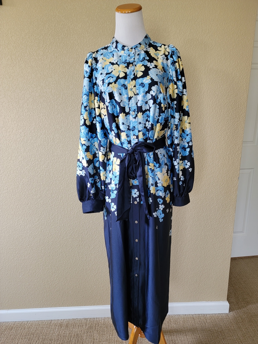 Ann Taylor Navy Floral Button-Front Silk Midi Shirtdress, Size 14
